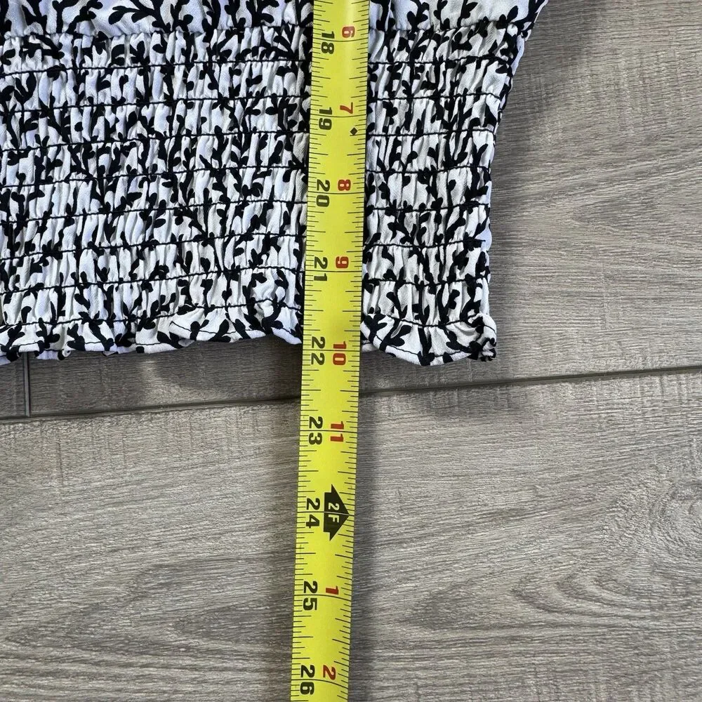 MICHAEL Michael Kors Black and White Leaf Print Smocked Waist Blouse, S/P